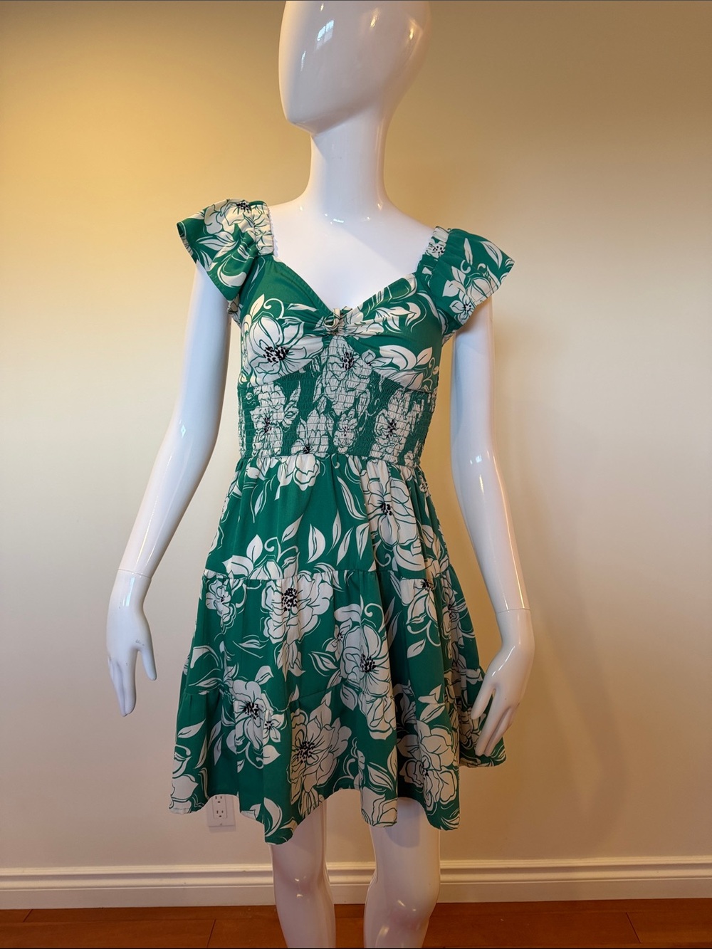 Band of the Free Green Floral Smocked Mini Dress Medium